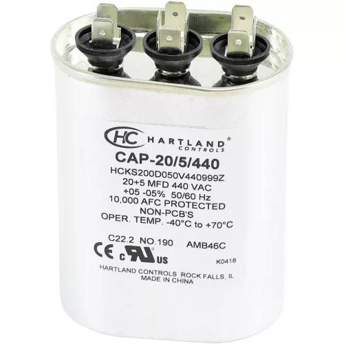 Hartland Controls CAP-20/5/440 20/5 MFD 370/440VAC Oval Dual Run Capacitor