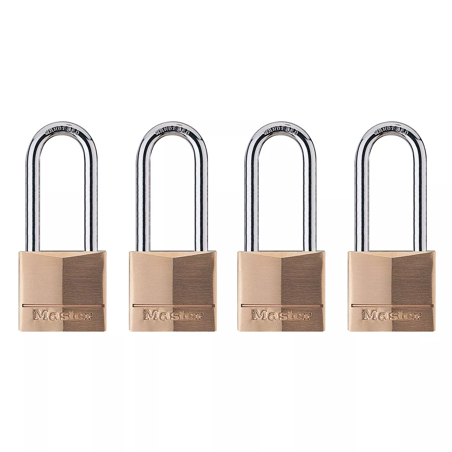 Solid-Brass Keyed-Alike Padlocks, Long Shackle, 4-Pack, 1-9/16 In.